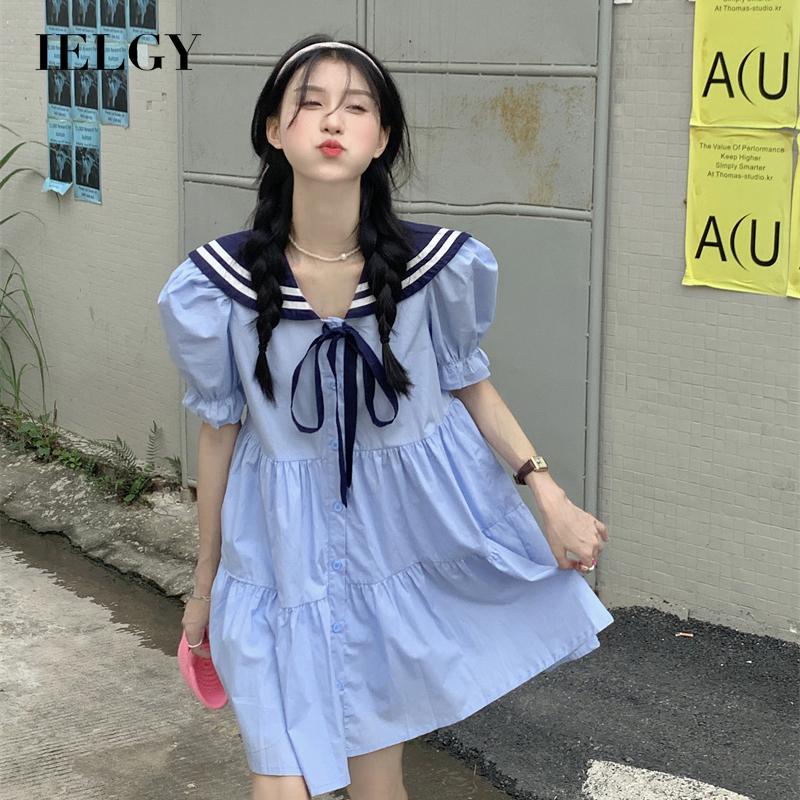 IELGY Đầm Dáng Rộng Màu Trắng Cà Vạt Màu Xanh Navy Thời Trang Cho Nữ