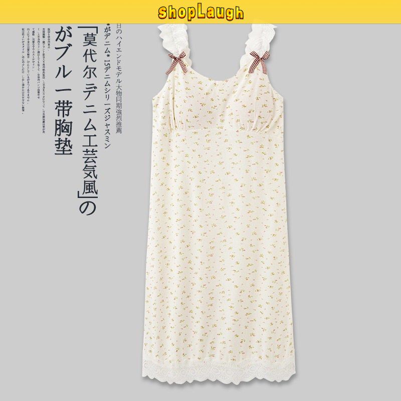 Modal nightgown with breast padding for women summer V-neck sexy hanging dress with lace bar slim nightgown