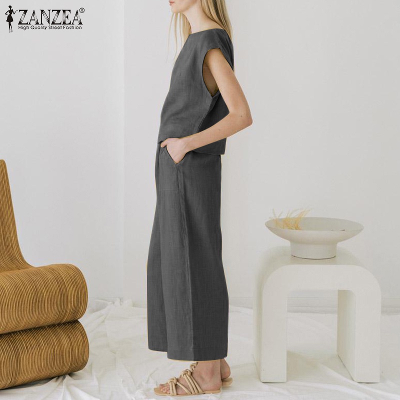 Set ZANZEA áo thun ngắn tay cổ tròn và quần dài ống rộng thời trang cho nữ