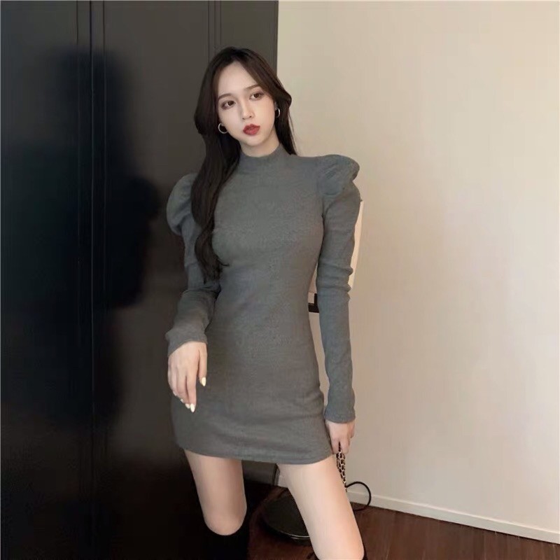 [Siêu Phẩm đình đám] Đầm Body Nữ Dài Tay Cổ Cao 3cm Vai Phồng Phối Xếp Ly | BigBuy360 - bigbuy360.vn