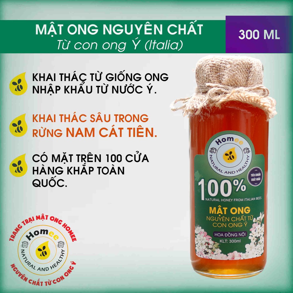 Mật ong nguyên chất Hoa Rừng Đồng Nội HOMEE 300ml - Mật ong khai thác từ con ong Ý (Italia)