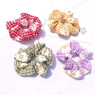 Dây buộc tóc, cột tóc vải scrunchies caro hoa cúc cao cấp Orin K1180