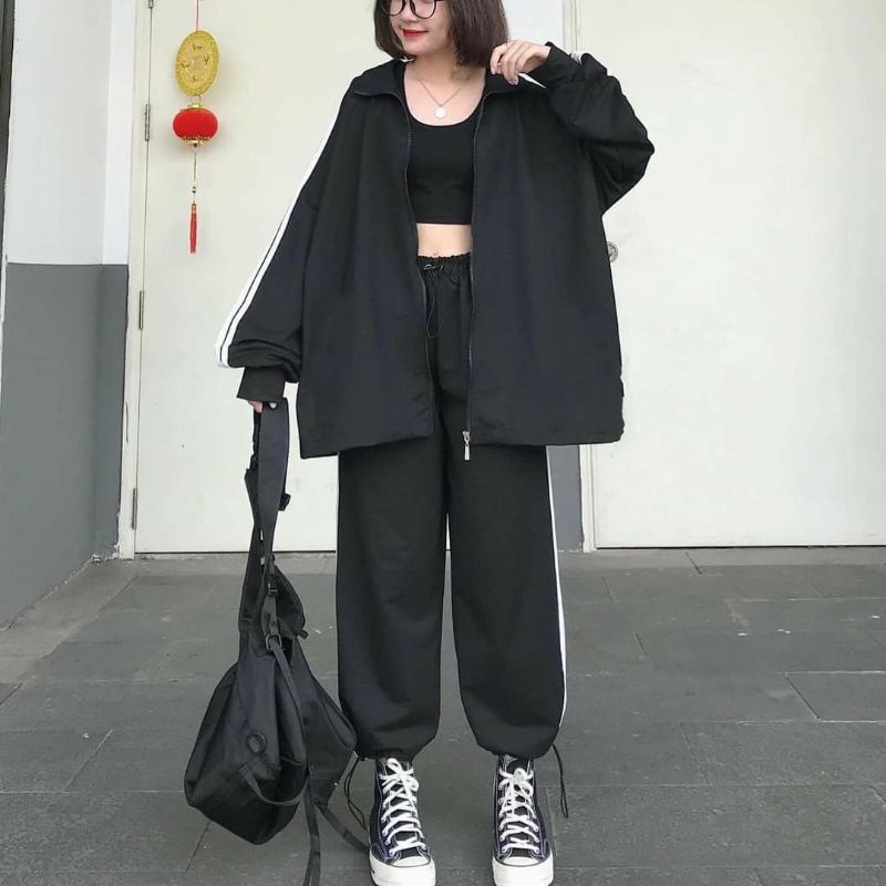 [Rẻ Vô Địch] Áo cotton tay lỡ Unisex  mặc đôi ,nhóm , lớp------ BỘ NỈ  THÊU TAY VIỀN RÓT QUẦN 3 SỌC RÚT GẤU | BigBuy360 - bigbuy360.vn