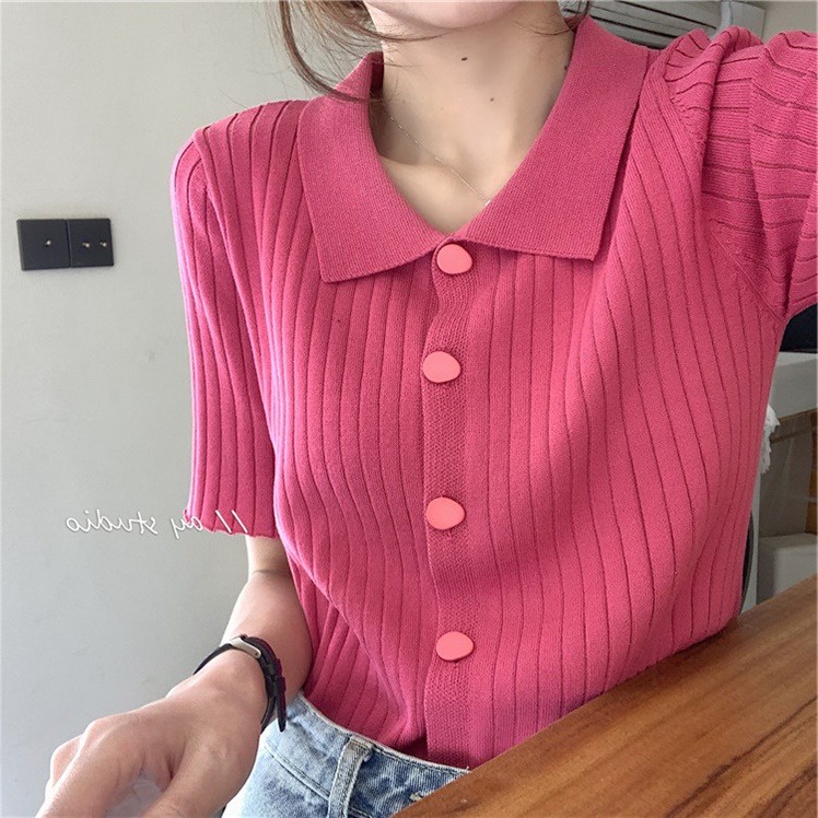 Áo kiểu ZHELIHANGFEI tay ngắn cổ bẻ dệt kim thời trang
