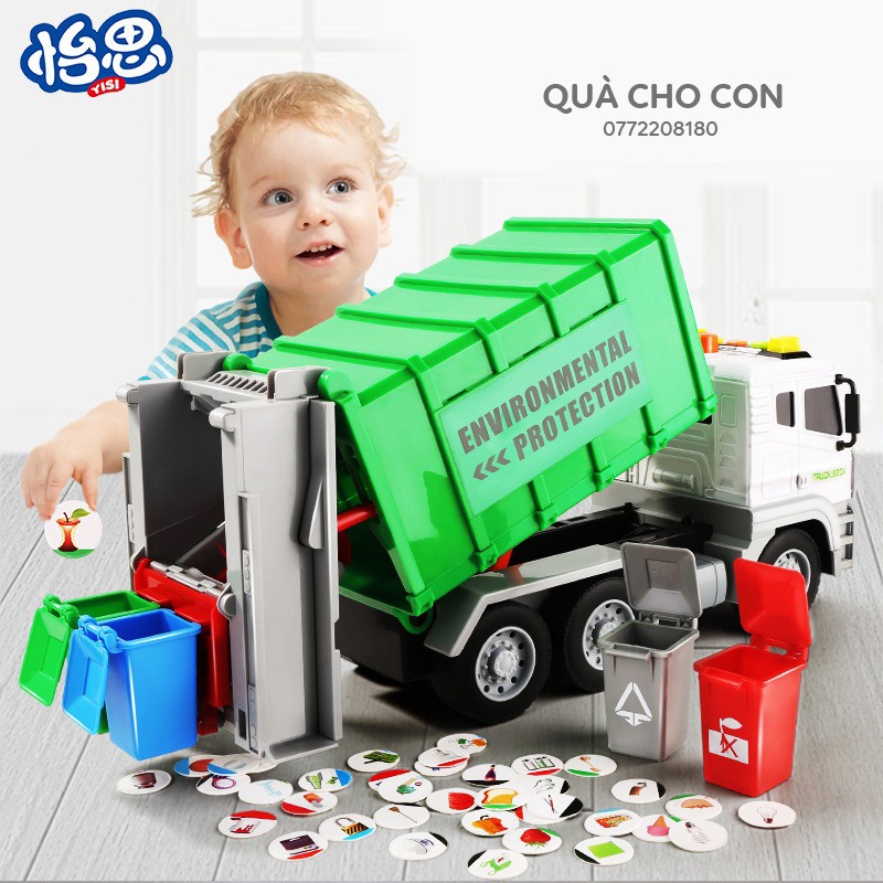 MÔ HÌNH XE CHỞ RÁC KÈM 4 THÙNG RÁC CÙNG THẺ RÁC PHÂN LOẠI, CÓ CHẾ ĐỘ XỬ LÝ RÁC THẢI NHƯ XE THẬT (có đèn, nhạc)
