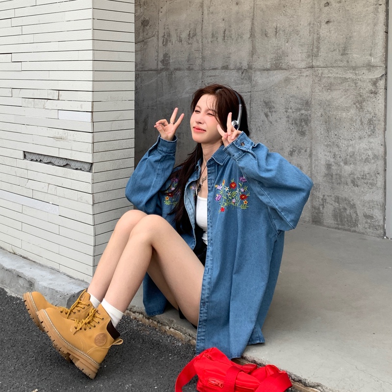 ZHELIHANGFEI Áo Khoác Denim Tay Dài Form Rộng Họa Tiết Thêu Theo Phong Cách Retro Dễ Phối Đồ