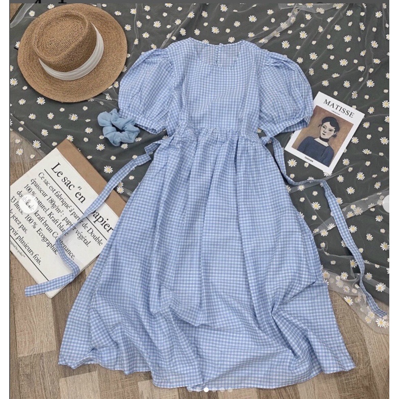 Váy babydoll dáng dài tay phồng, đầm babydoll kẻ caro tay bồng ulzzang Hàn Quốc