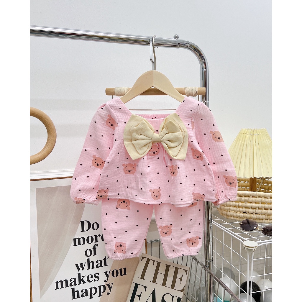 Bộ ngủ thu đông bé gái, bộ musilin dài tay chất organic thấm hút mồ hôi tốt mềm mại với da của bé