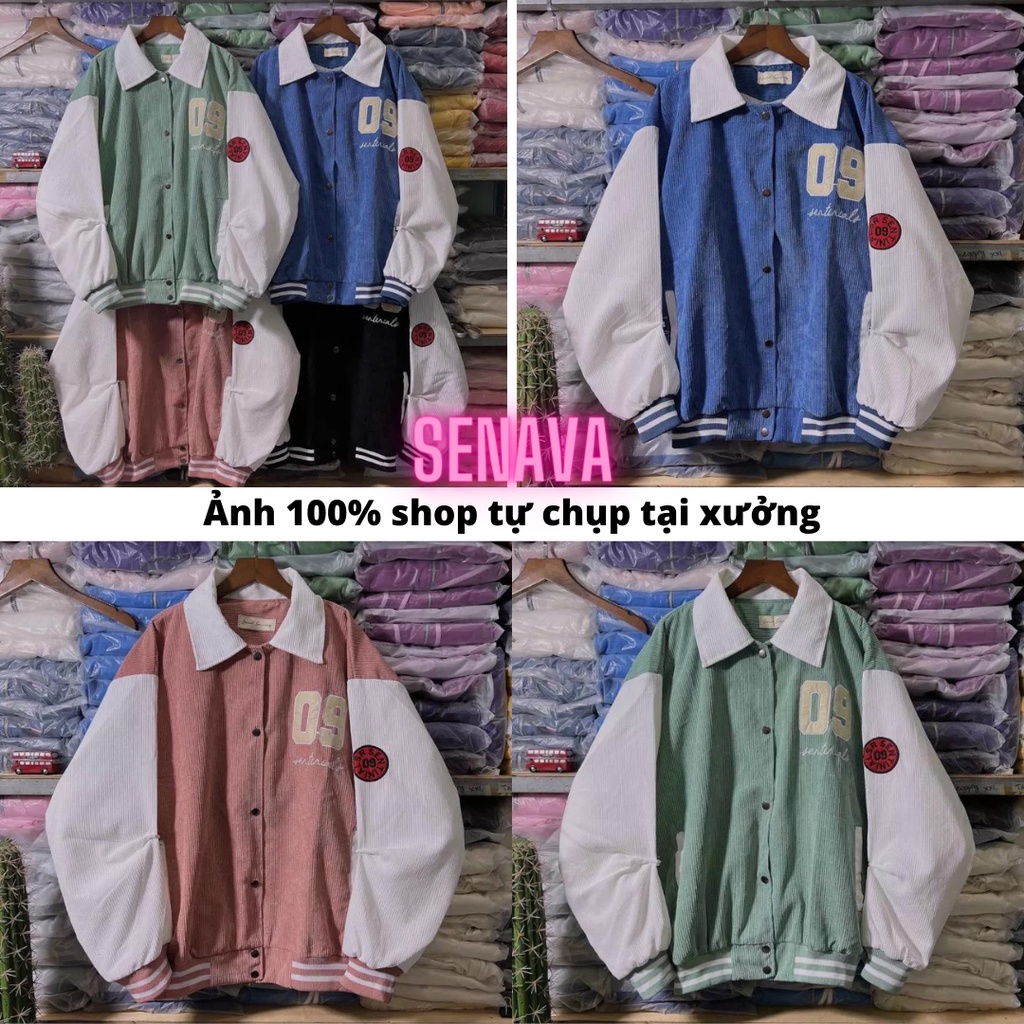 Áo Khoác Bomber Unisex Cổ Bẻ Chất Nhung Tăm Thêu Số 09, Áo Khoác Form Rộng 2 Lớp Chống Nắng Siêu Đẹp SENAVA AK42