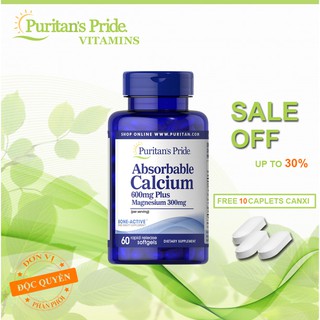 Canxi dạng dễ hấp thụ Puritan's Pride Absorbable Calcium 600mg Plus Magnesium 300mg 60 viên