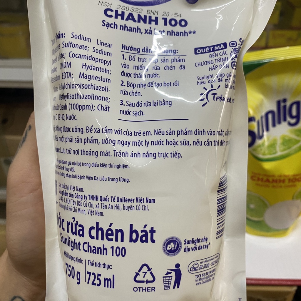 Nước rửa chén Sunlight Chanh 100 túi 750g