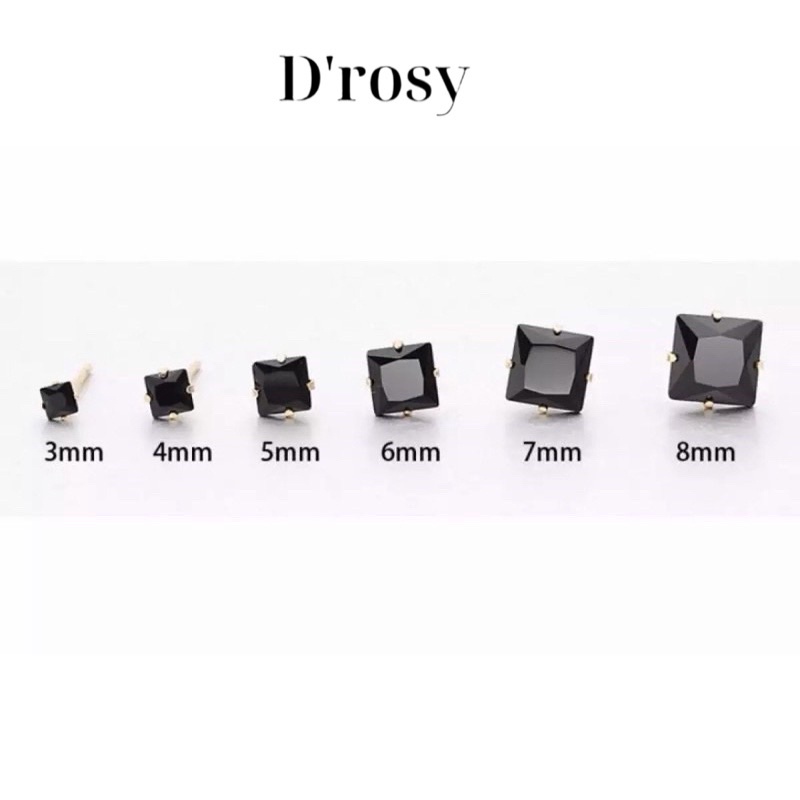 Khuyên tai nam bạc ta nguyên chất, bông tai nụ  đá vuông cỡ 3mm, 4mm,5mm,6mm màu trắng và đen