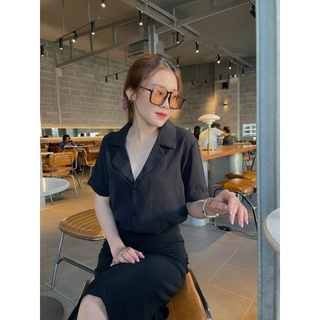 Áo sơ mi nữ cổ vest form rộng, chất đũi mềm mịn  AM26