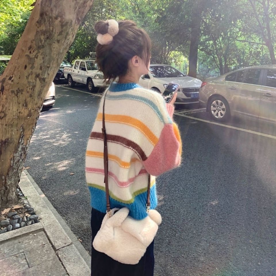 Áo sweater dáng rộng màu sắc cầu vồng thời trang mùa thu cho nữ