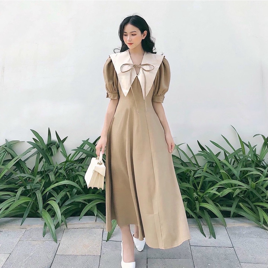 Đầm váy freesize cổ trắng thắt nơ form dài 2 màu