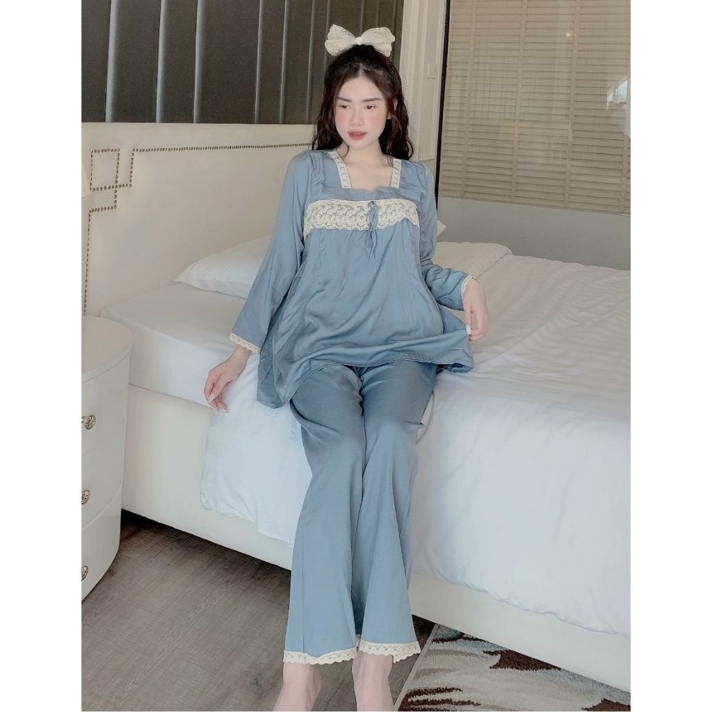 Bộ đồ bầu dài ren ngực kết hợp sau sinh M399 chất đũi thời trang thiết kế freesize từ 45 đến 70kg