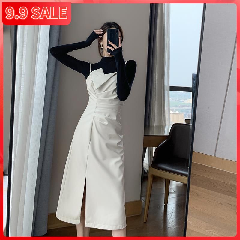 Set đầm hai dây dài màu be phong cách Pháp thời trang mùa thu cho nữ