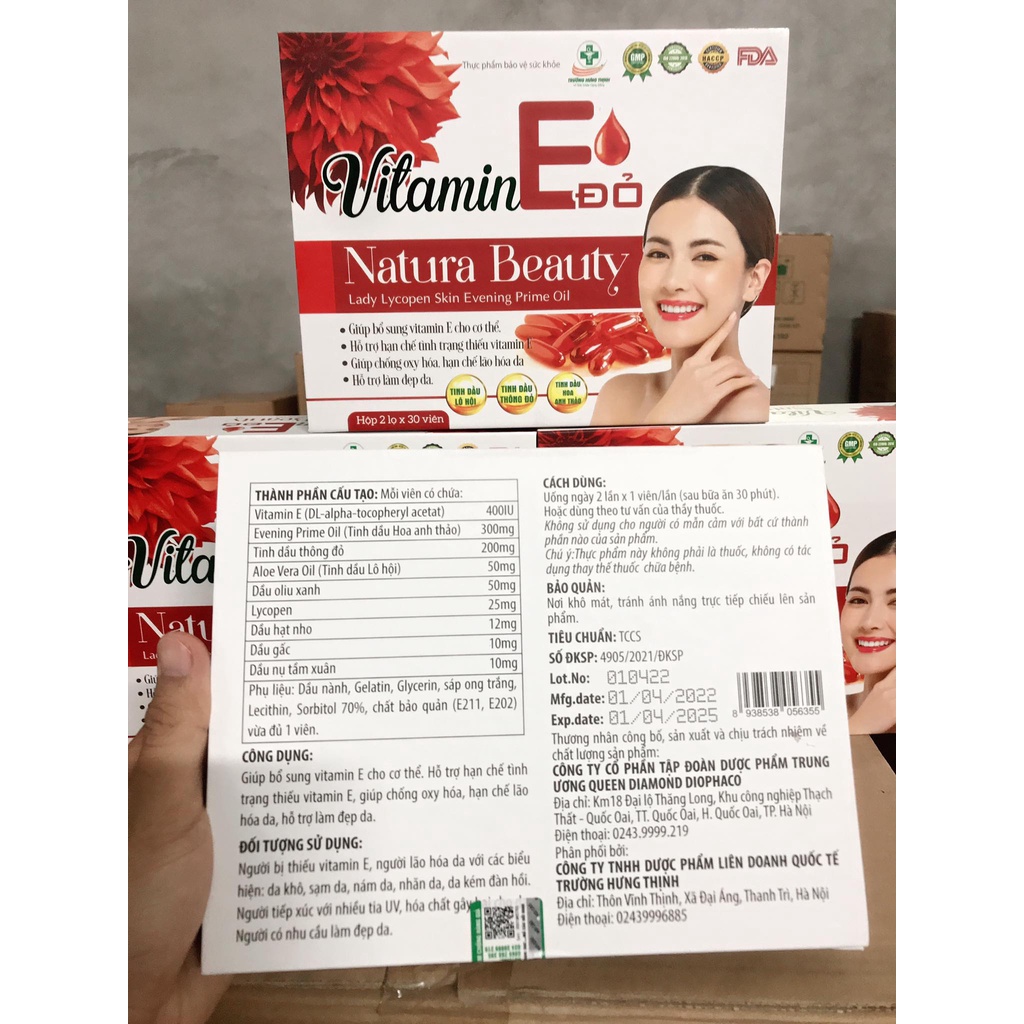 Viên uống trắng da mờ nám VITAMIN E ĐỎ Natura Beaty Lady Lycopen Skin Evening-Tinh dầu thông đỏ ,hoa anh thảo (Hộp 2 lọ)