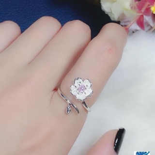 Nhẫn nữ hoa mai đá hồng chuẩn bạc ta