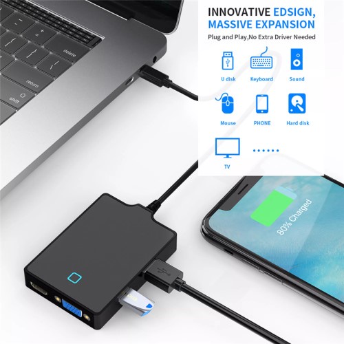 Bộ Chuyển Đổi Hub 8 trong 1 Type C Sang HDMI VGA USB 3.0 AUDIO AUX Type-C 8 in 1 cho Laptop Macbook