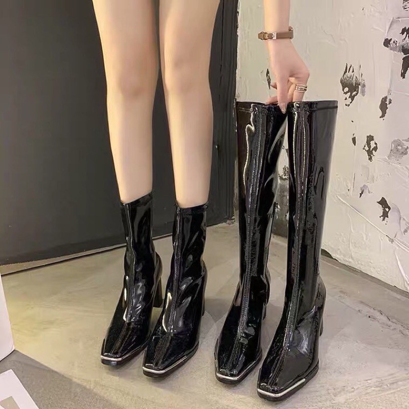 [Sẵn ảnh thật] Giày boots cao gót nữ gầy nhưng đến đầu gối mùa thu mới sáng chế da cao gót mũi vuông giữa ống mỏng
