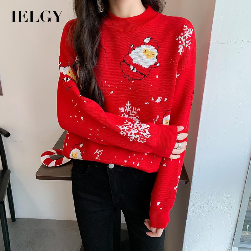 Áo sweater IELGY tay dài cổ tròn in họa tiết giáng sinh màu đỏ/ đen thời trang dành cho nữ