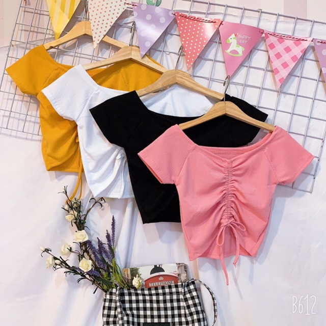 Áo thun gân bẹt vai dây rút dáng croptop siêu xinh - Colory Shop