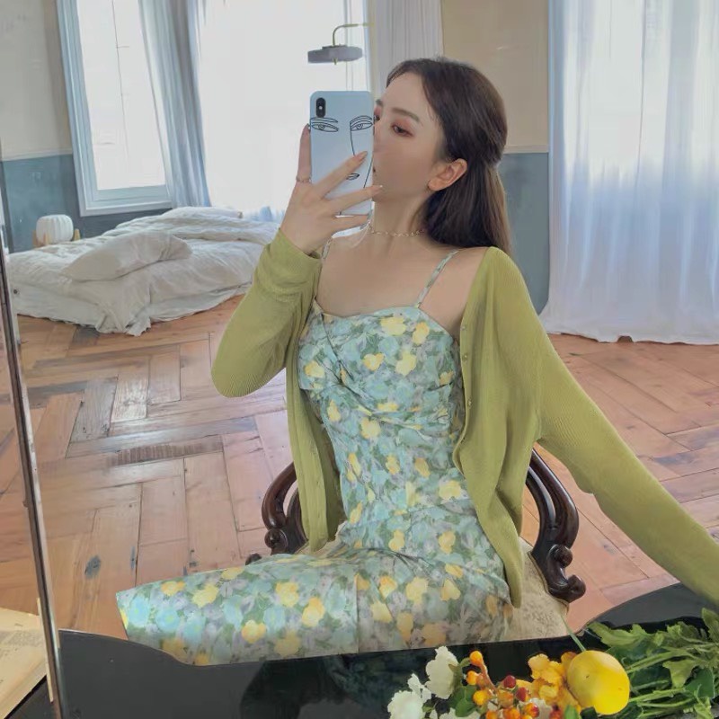 Set váy hay dây dáng đuôi cá kèm áo khoác cardigan mặc ngoài - SENA STUDIO