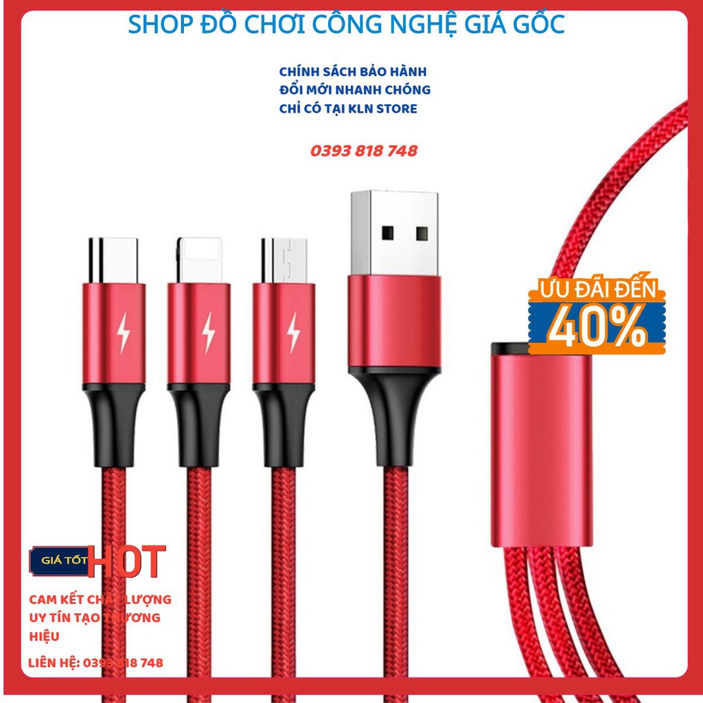 Cáp sạc dây dù đa năng 3 đầu Lightning - Type C - Micro USB mẫu  + Bảo hành 6 tháng lỗi 1 đổi 1