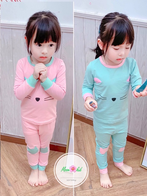 Bộ Quần Áo Dai Tay Cho Bé Gái Hình Mèo Chất Cotton