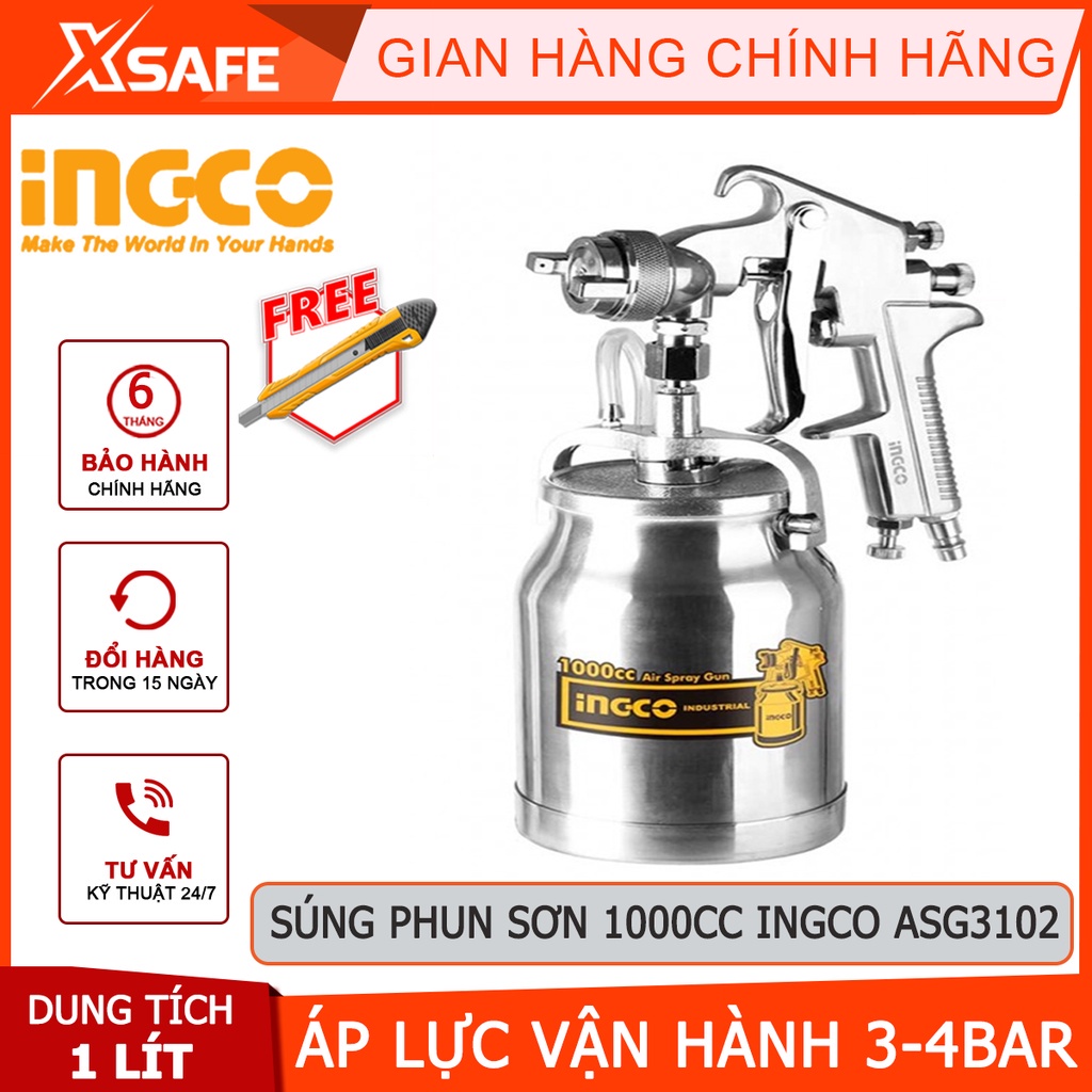 Súng phun sơn INGCO ASG3102 Máy phun sơn vòi phun tiêu chuẩn 1.8mm Dung tích 1.0L Áp lực vận hành 3 - 4 bar - Chính hãng