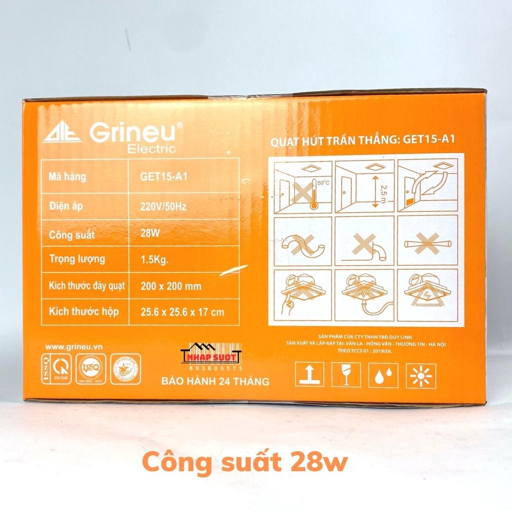 Quạt thông gió hút trần thẳng GRINEU lỗ chờ 20x20 cm GET 15-A1