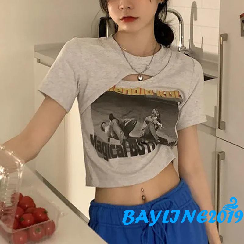 Áo Thun Lửng Tay Ngắn Cổ Tròn In Họa Tiết Chữ Cá Tính Dành Cho Nữ