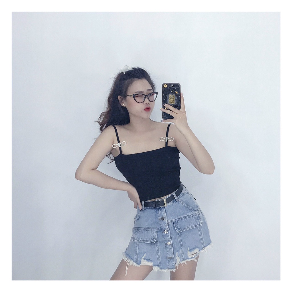 Áo thun ôm body 2 dây kiểu trơn đính đá dây áo nơ cực lạ xinh