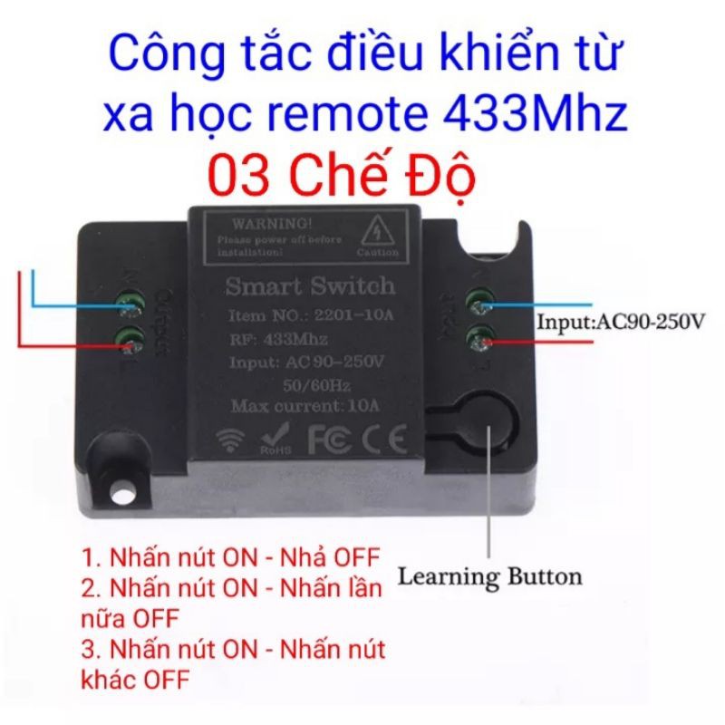 Mạch điều khiển không dây 433Mhz 220VAC 10A học Remote