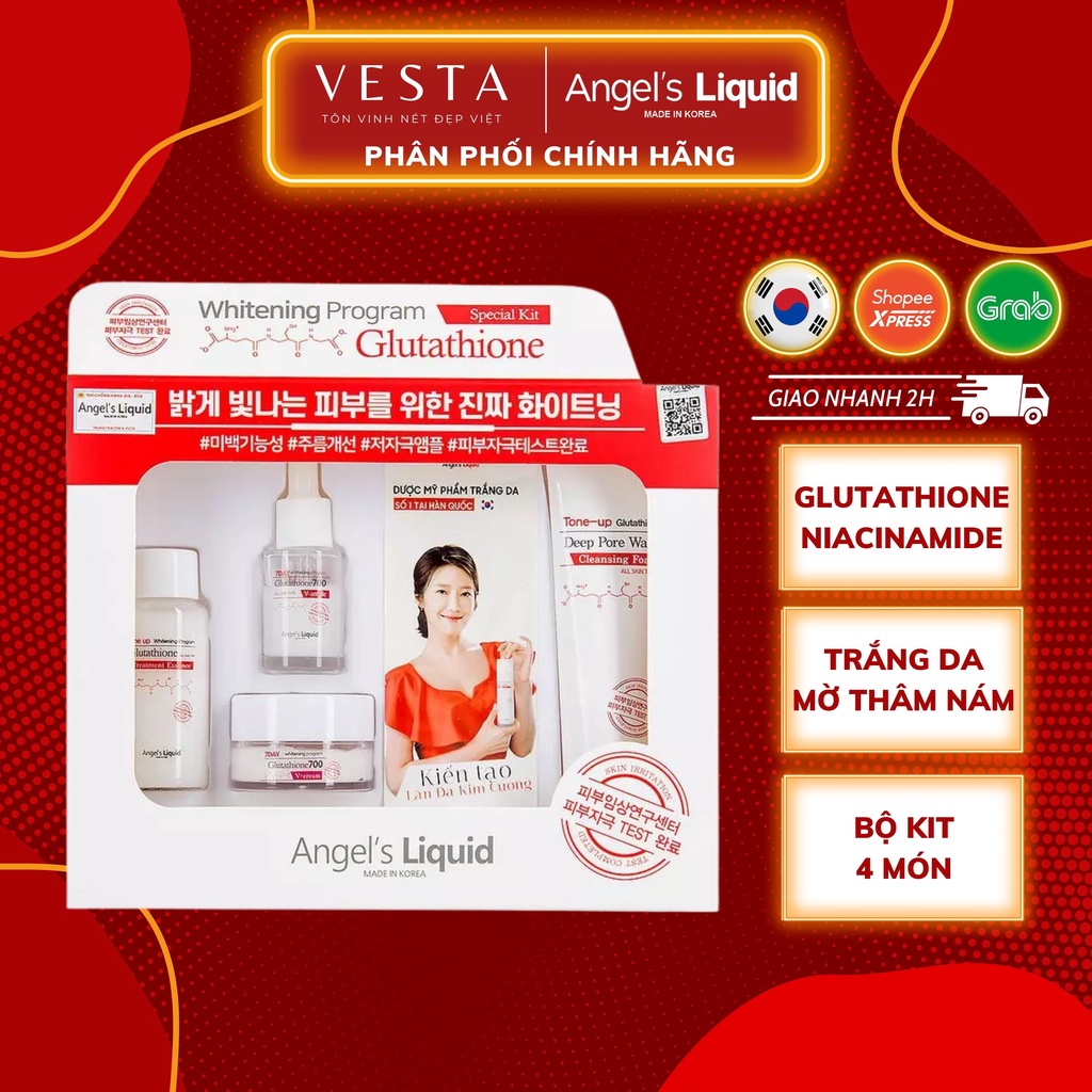 Bộ Kit Angel's Liquid 4 Sản Phẩm Whitening Program Glutathione Special Dưỡng Trắng Da Mờ Thâm Nám