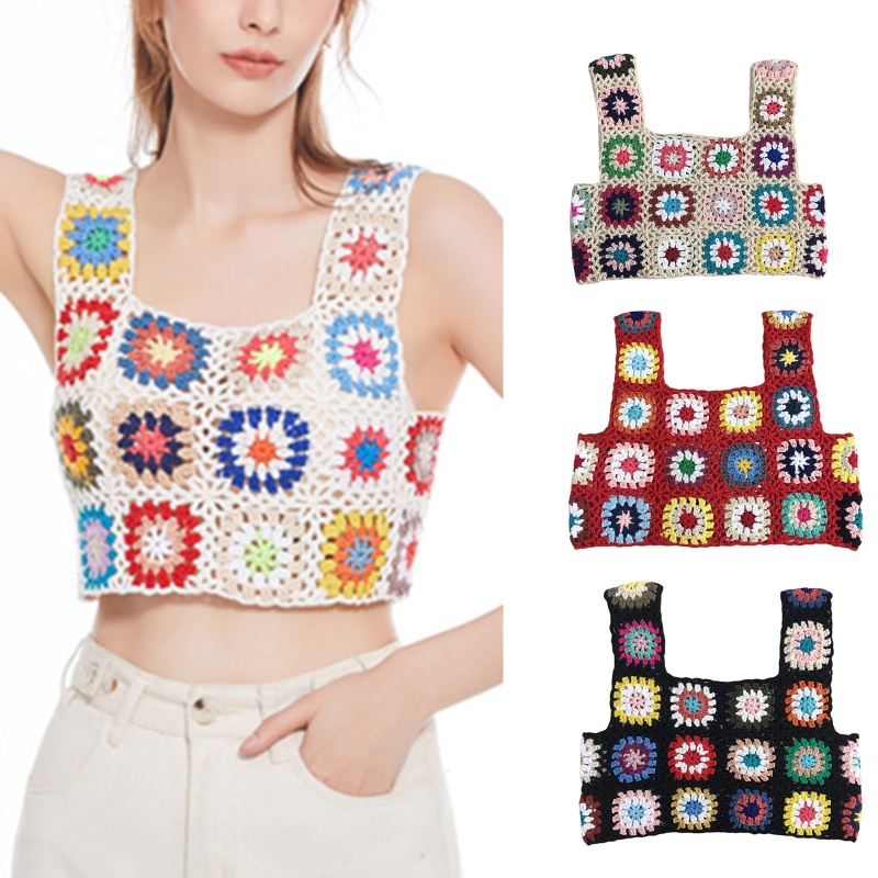 Xiangbao Áo Tank Top Mini Không Tay Khoét Rỗng Nhiều Màu Sắc Họa Tiết Hoa Phong Cách Boho Cho Nữ