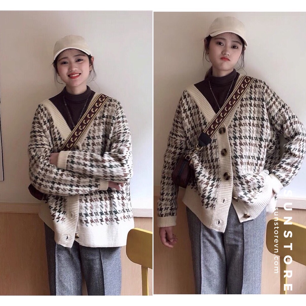 Áo khoác len sọc caro nhí thời trang nữ thu đông Ulzzang