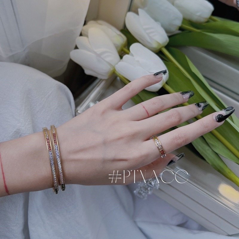 Vòng tay titan full đá paguet 7 màu 1 hàng đá vuông dáng mảnh .PTNACC.