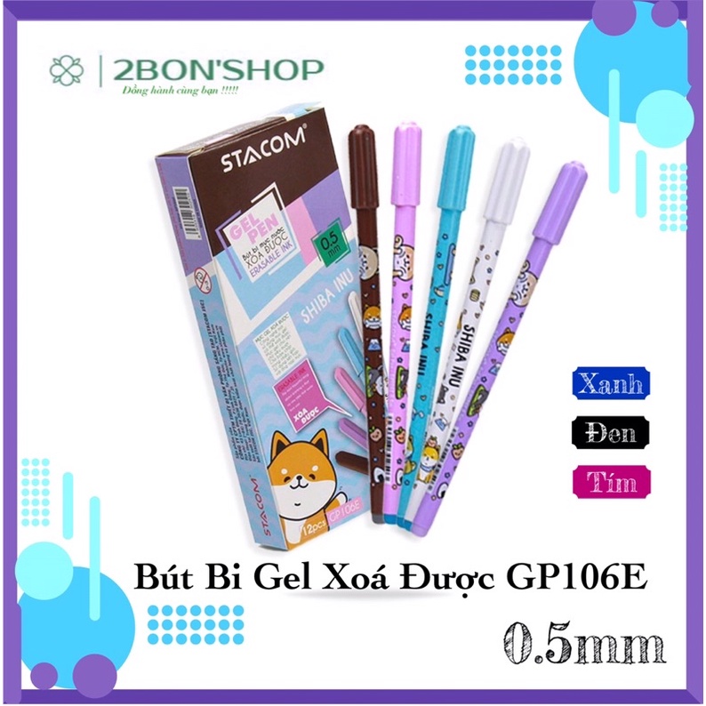 (Hộp 12 Cây)Bút Bi Gel Xoá Được 0.5mm GP106E STACOM - Xanh/Đen/Tím | Bút Bi Gel Xoá Được GP106