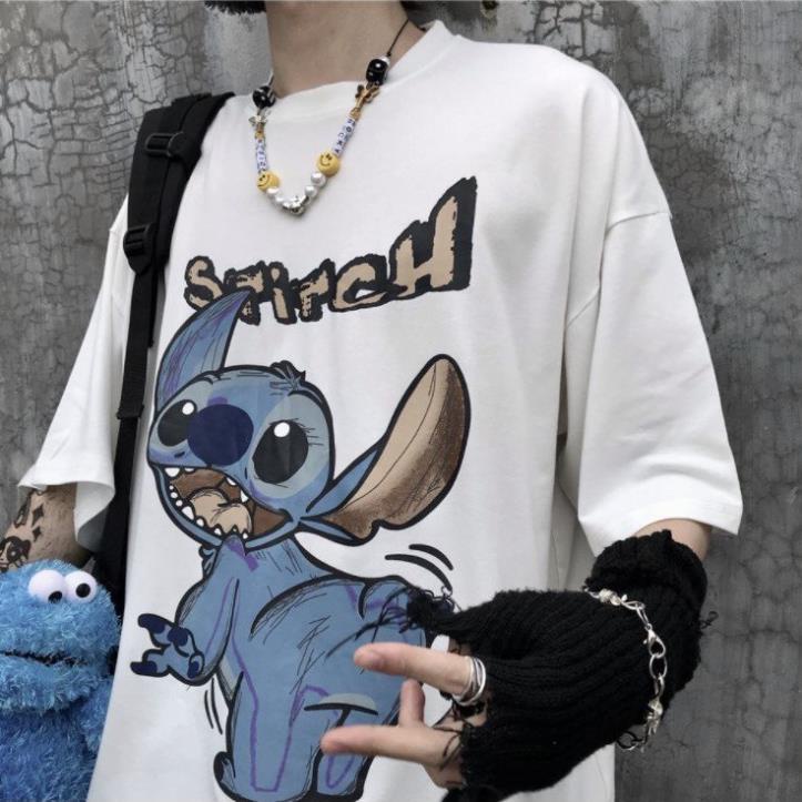 Áo thun cổ tròn form rộng tay lỡ in Stitch Unisex nam nữ đều mặc được