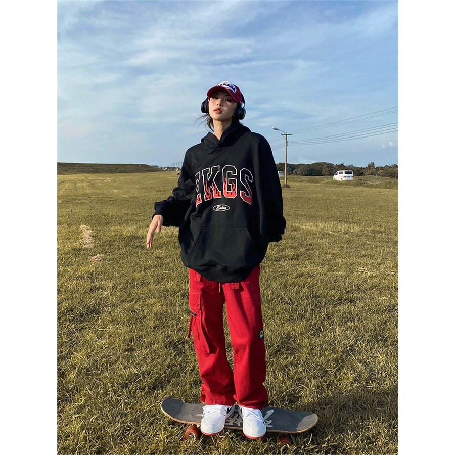 Áo hoodie chữ lửa EKGS Unisex [FREESHIP] Hoodies form rộng tay phồng kiểu dáng sweater nỉ phối mũ 2 lớp peonyb ulzzang