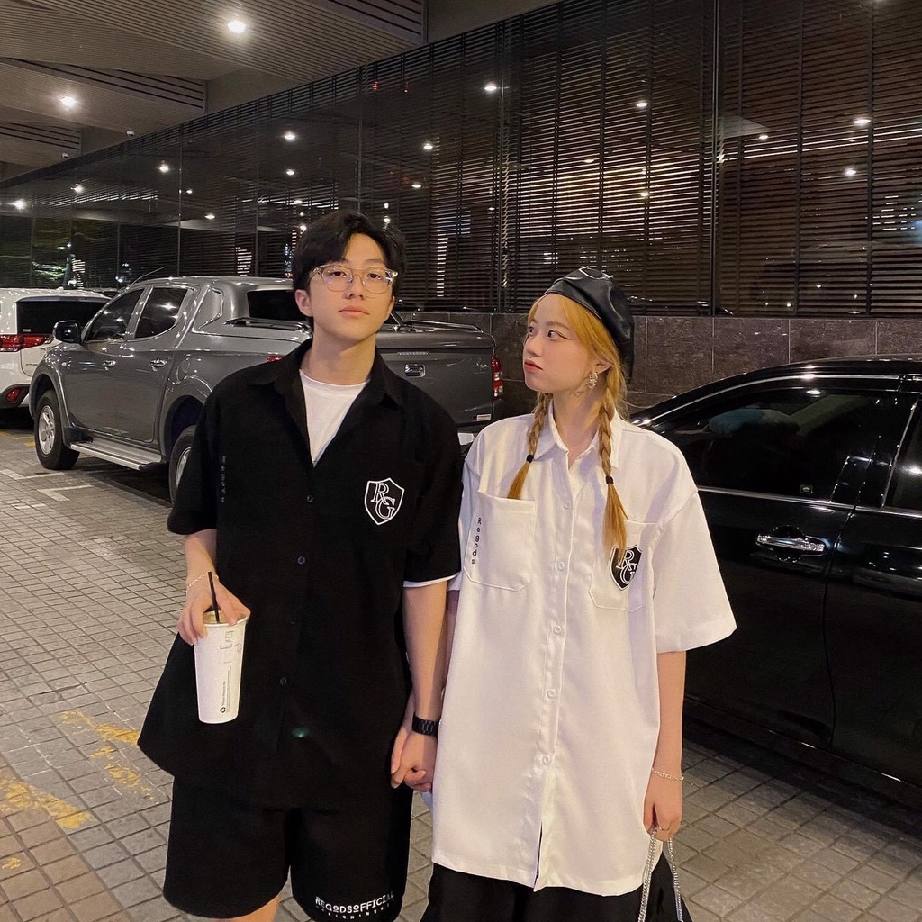 Áo sơ mi unisex nam nữ trắng đen RG tay lỡ form rộng kiểu dáng basic cá tính, áo sơ mi nam nữ mùa hè