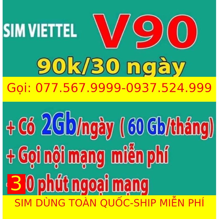 V90, Sim V120 Viettel [miễn phí tháng đầu], 60G/th gọi nội mạng miễn phí