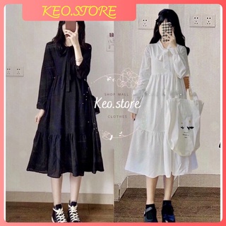 Đầm nữ  🦋 có nơ ngực dáng babydoll váy dài 2 màu trắng và đen mặc đi chơi dự tiệc đều xinh