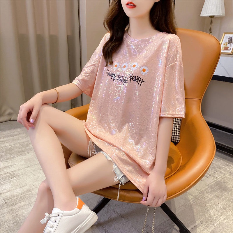 Ice silk loose short sleeve T-shirt 2022 summer new Korean fashion print Little Daisy half sleeve top women's ins fashion