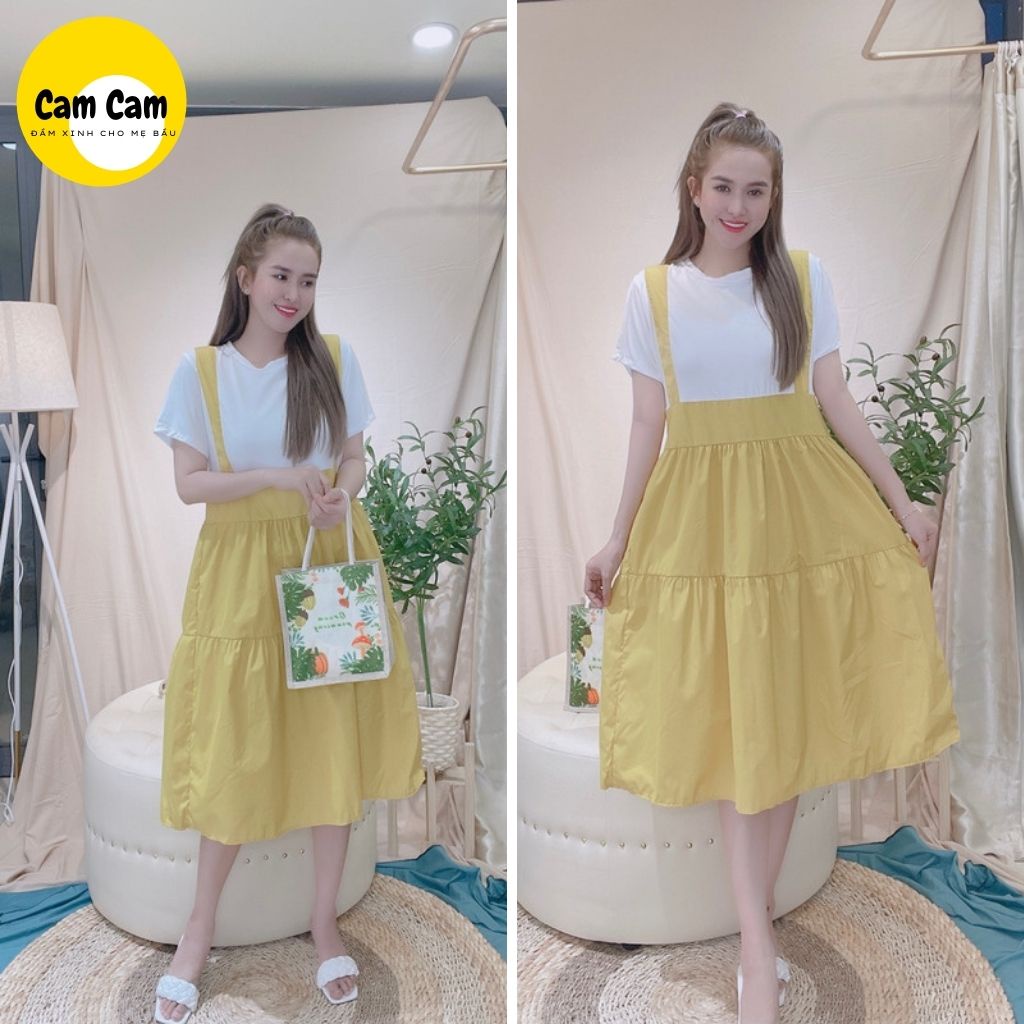 Váy bầu xinh đầm bầu trang phong cách trẻ trung nơ sau cực xinh  tháng mát màu vàng