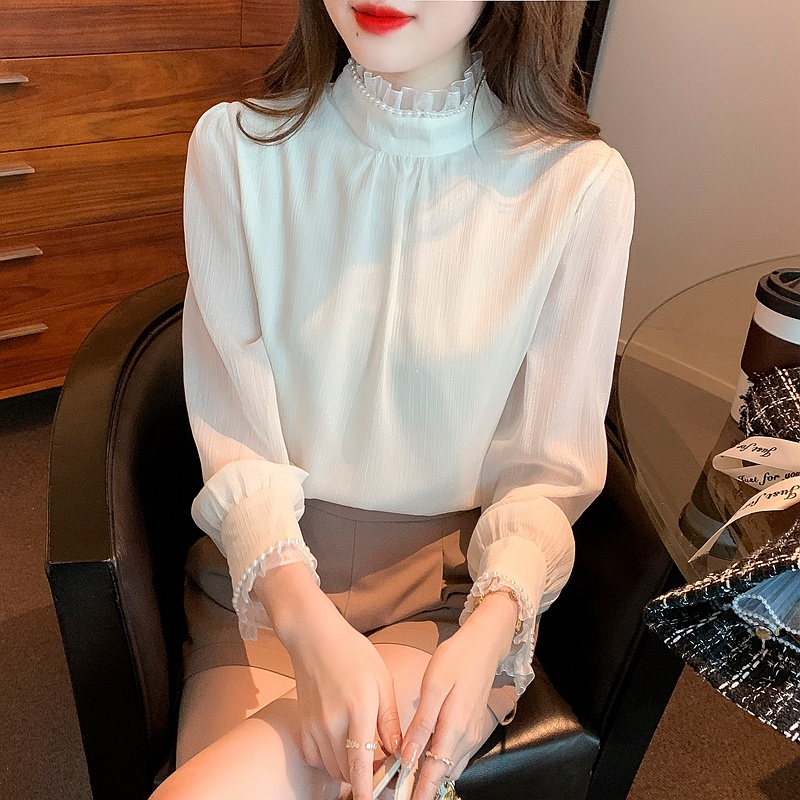 Áo Sơ Mi Chiffon Tay Dài Cổ Đứng Đính Hạt Phong Cách Hàn Quốc Thanh Lịch Cho Nữ