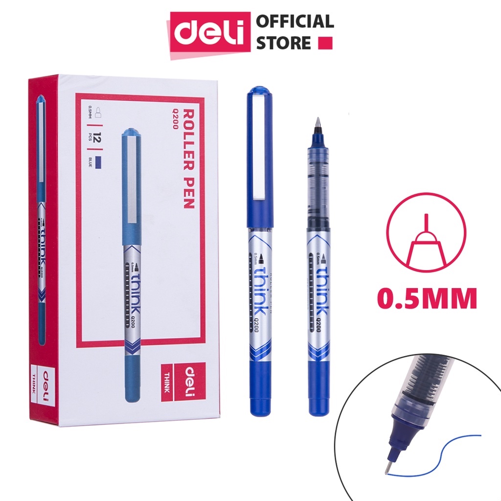 Bút ký mực gel màu xanh ngòi 0.5mm Deli nhanh khô nét viết đều đẹp lâu hết mực thân bút trong suốt kiểm tra lượng mực