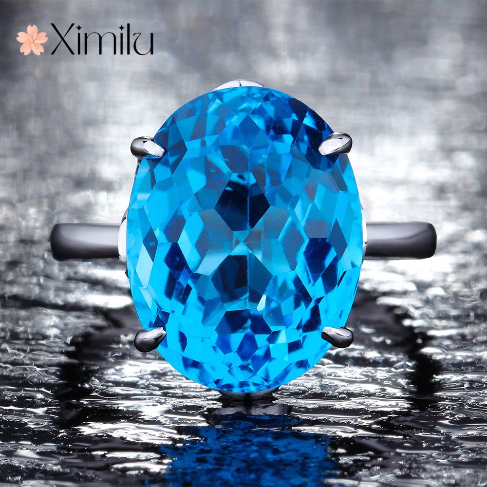 Nhẫn Hở Đính Đá Topaz Xanh Sang Trọng Phong Cách Âu Mỹ